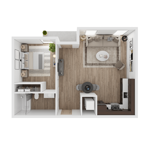 a 1 bedroom floor plan with a bathroom and a living room